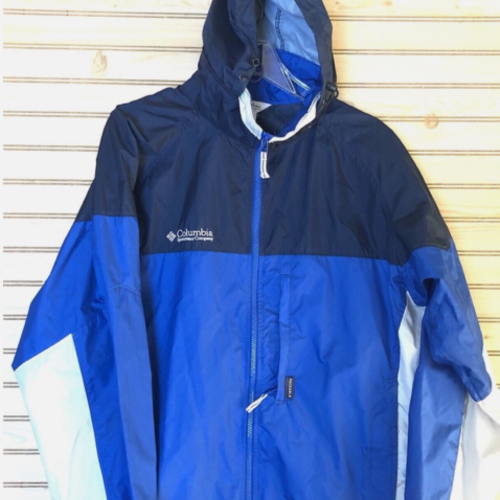 Columbia Packable Blue Color Block Retractable Hood Windbreaker Mens M